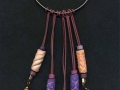 Necklace with large ring, bells, and purple and peach beads.