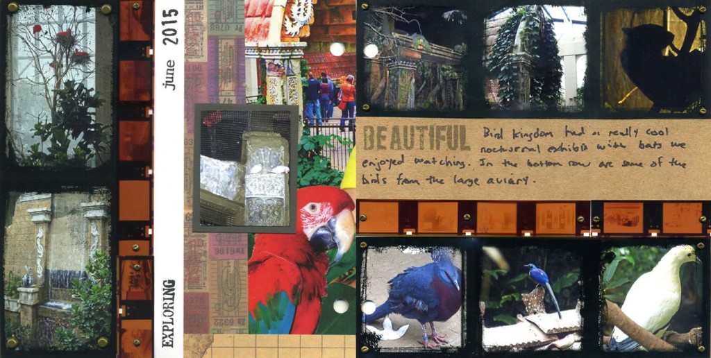 Two page spread of 6 x 6 scrapbook pages that use discarded photo negatives as a decorative accent.