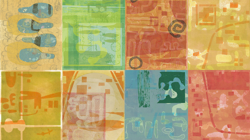 Monoprint leftovers with stenciling on top and a little bit of computer enhancement and collaging.