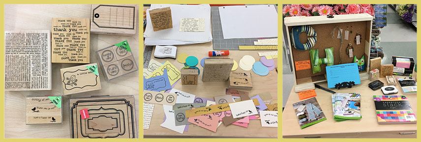 Rubber stamps, making parts for greeting cards, paper crafting products and upcoming classes.