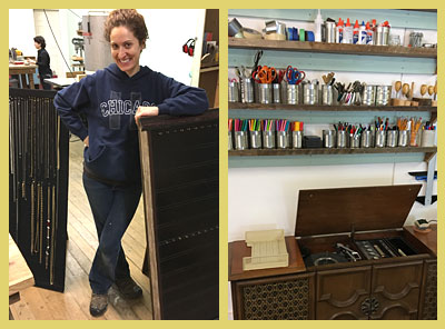 Mary with two of her jewelry display boards that she built