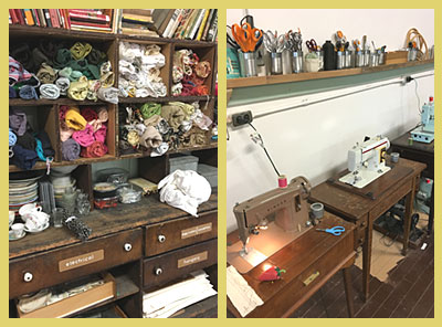 Some of the supply stash on the left and the sewing area on the right.