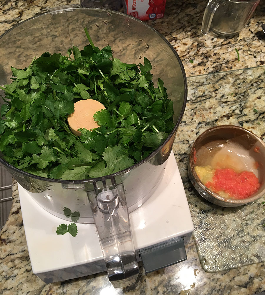 I coarsely chopped the leftover cilantro and it's going to be blended with the citrus pulp in the small dish.