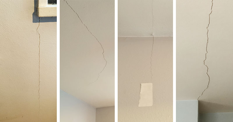 Here are some pictures of cracks in our bedroom that the engineer we hired told us were caused by the foundation shifting from bad drainage. We put that piece of tape on one of them last winter to see if our rainscaping had halted the damage or not. No movement since!
