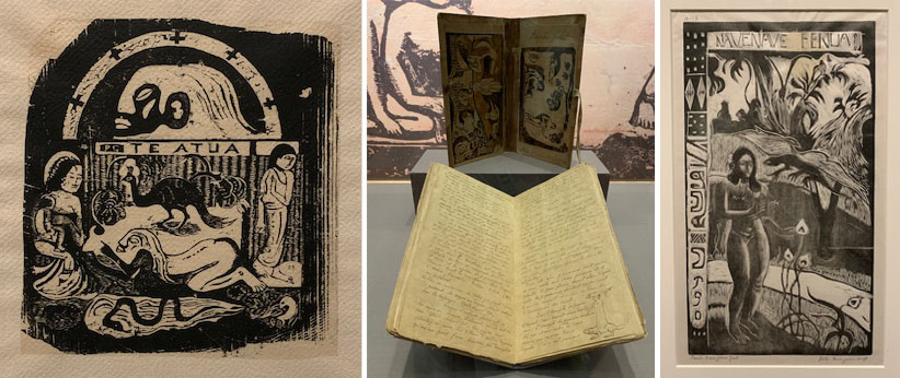 Some of Gauguin's wood cut prints and a handmade book.