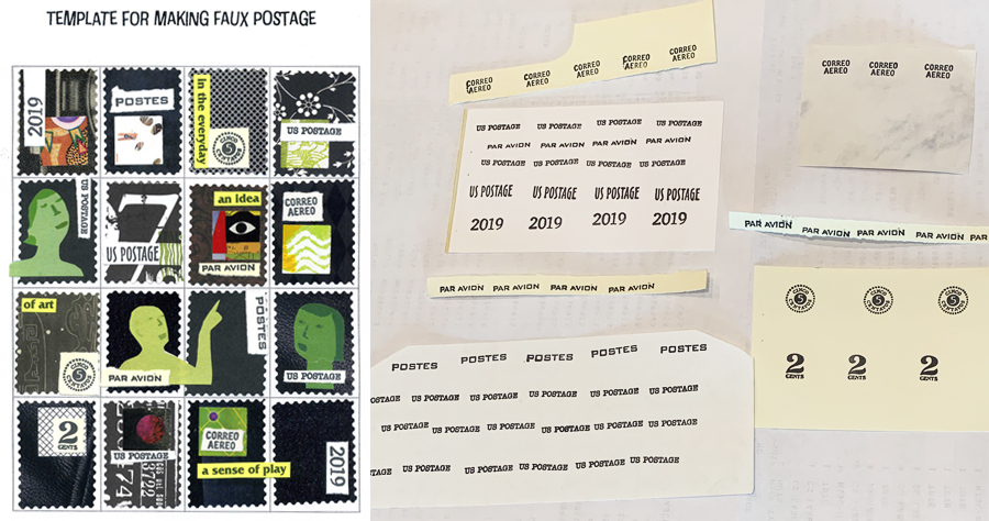 Stamped paper bits glued to collage