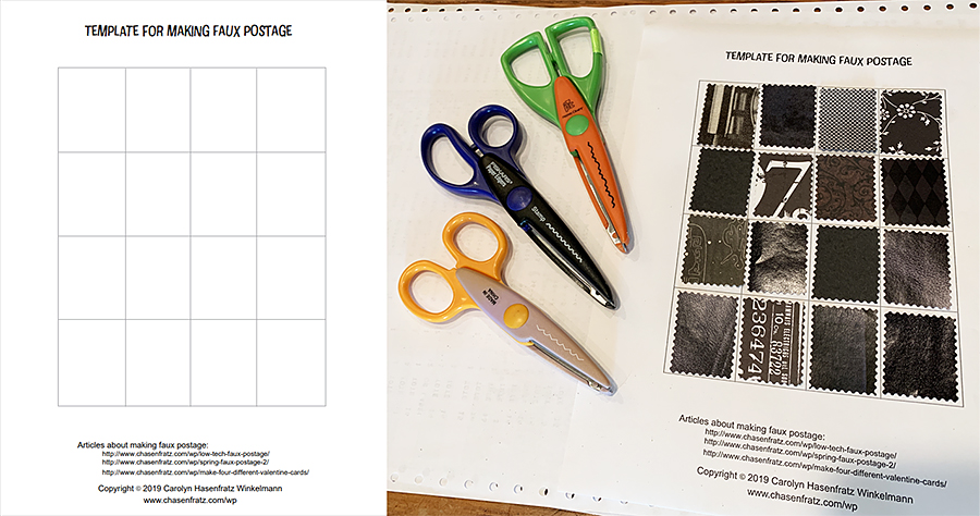 Cutting rectangles from paper scraps to glue onto faux postage template.