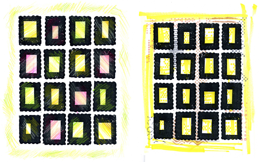 Faux postage printouts colored with pencil and markers.