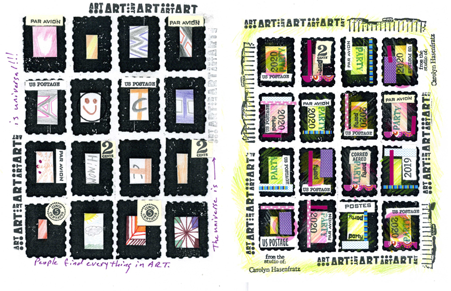 Faux postage sheets with coloring, collage, stamping and stickers.