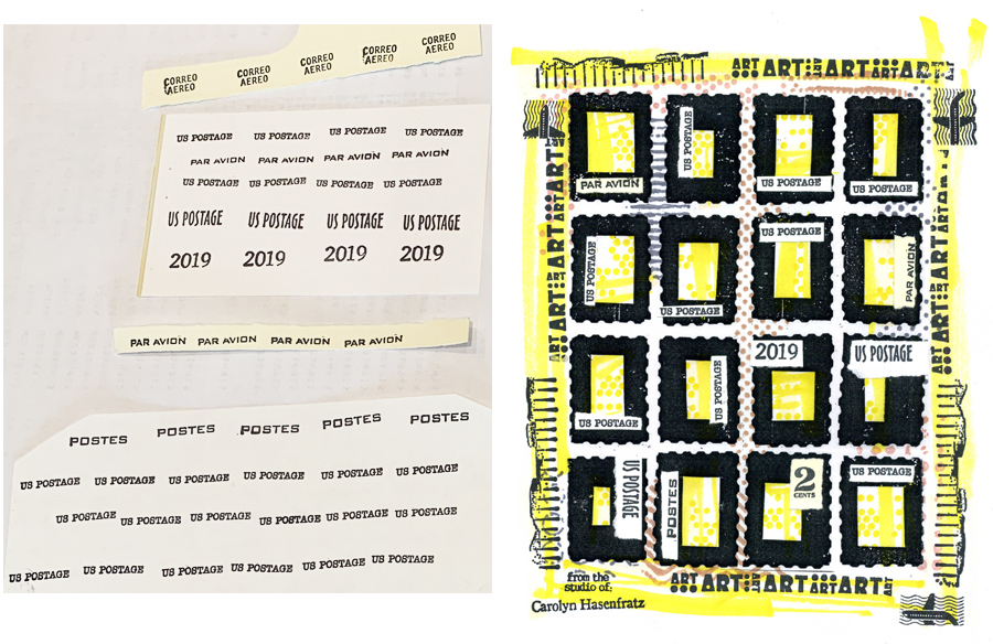 rubber stamping words on paper then gluing them down