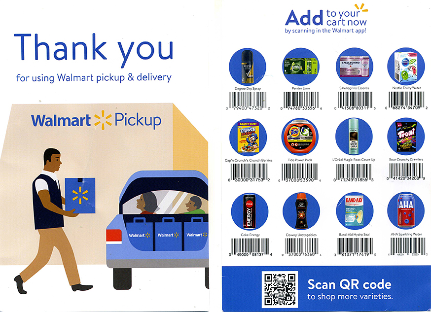 The front and back of the thank you card in the Wal-Mart goody bag