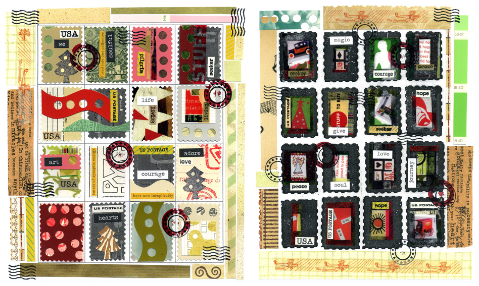 Two finished Christmas faux postage sheets.