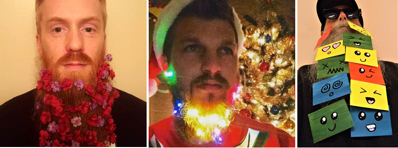 Examples of beard art at #12daysofbeardmas and Italian artist Fulgor Silvi's beard gallery.