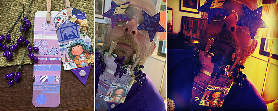 Purple day - I rummaged through a box of stuff I had for making crazy ornaments, and got some purple floral pieces and some plastic jewels. My Dad made the tag on the right and I made the paint sample collage. Tom and I made the stars for the glasses together. Yes we both like Bootsy Collins! Here you can see how much fun and color the filters add to the photos.