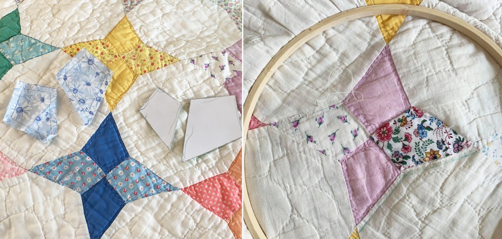Patching damaged star points with applique.