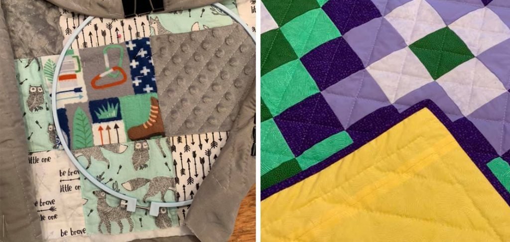 The last steps of quilting my sleeping bag on the left, and one of Kate's finished quilts is on the right.