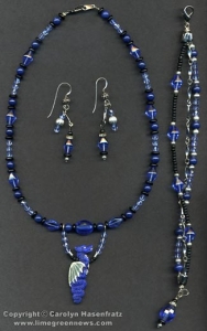 Blue, black and silver jewelry.
