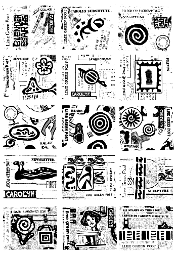 A black and white collage faux postage stamp sheet I made. I used to get these printed on gummed paper and send them to other mail artists.