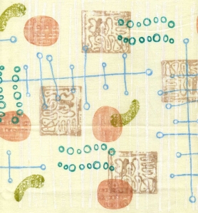 Here is some fabric I printed in a Mid-Century Modern style with rubber stamps from my Carolyn's Stamp Store collection. The ink I used is white fabric paint plus ColorBox Crafter's ink.